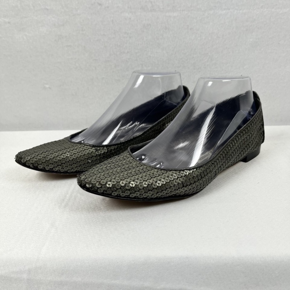Manolo Blahnik Semi-Pointed Toe Sequin Ballet Flats Leather Trim Silver Size 8.5